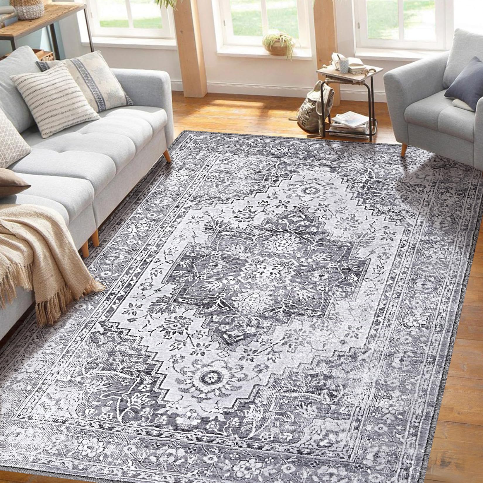 Tapis vintage Garvee, motif oriental, antidérapant, antitache, lavable, poils courts, gris, 160 x 230 cm, salon, chambre
