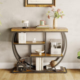 Garvee Console d’Entrée Industrielle à 4 Niveaux avec Rangement, Base Ronde, Bois et Métal, Style Rétro - Marron rustique