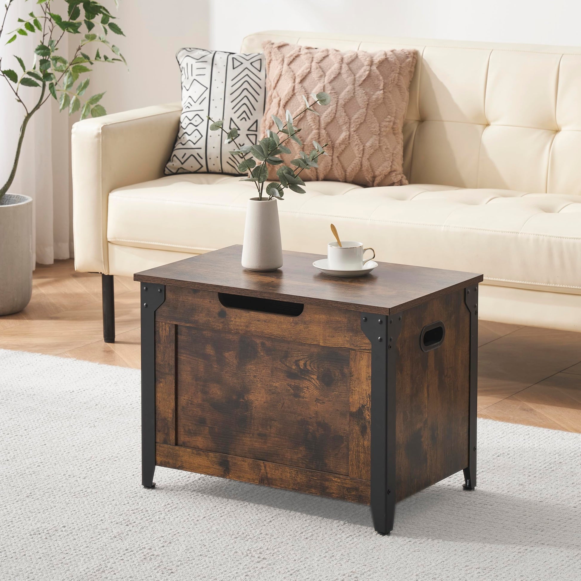 Banc de rangement en bois Garvee avec rabat de sécurité, marron rustique, pour entrée et salon, style campagnard, robuste