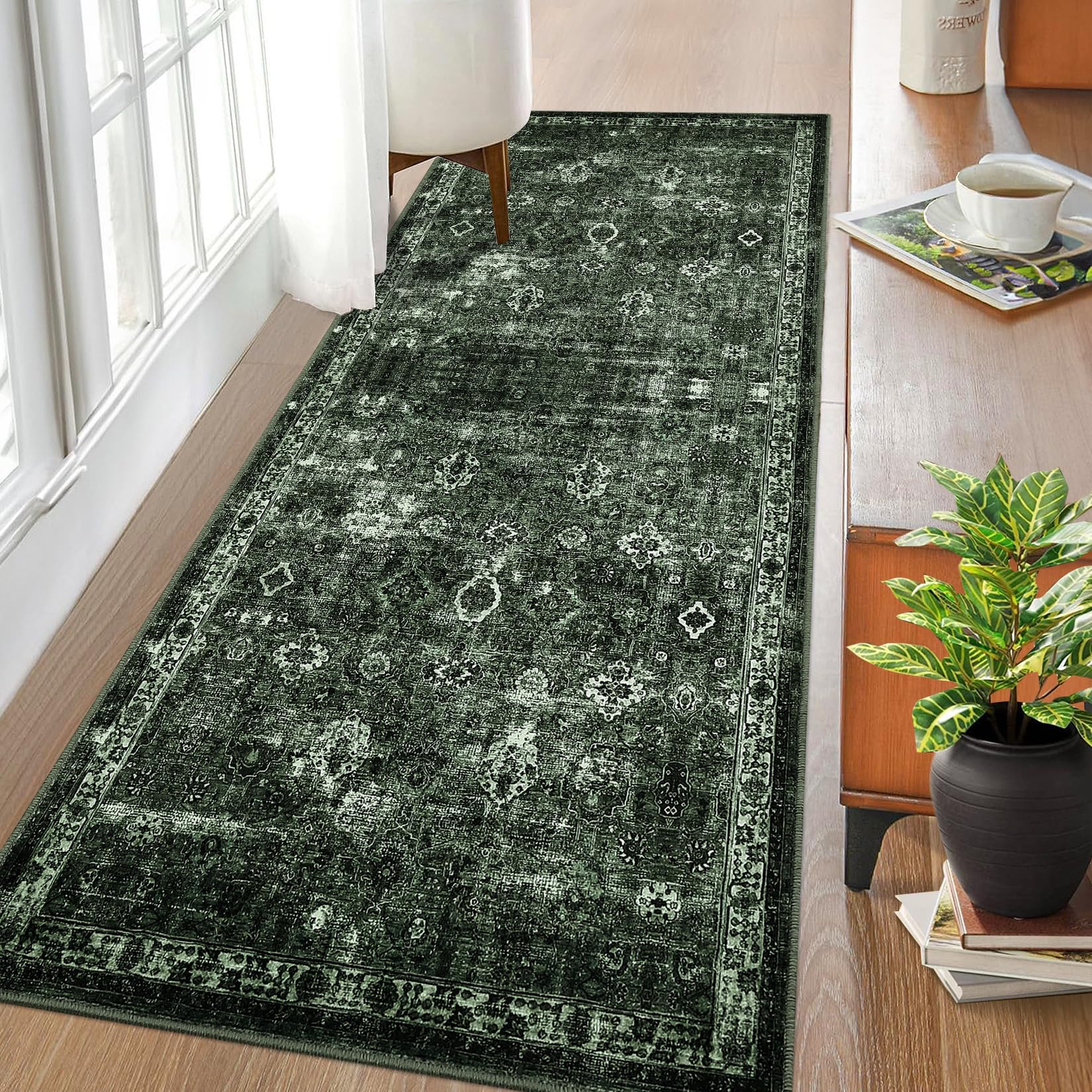 Tapis de couloir antidérapant à poils courts Garvee Boho pour cuisine, entrée, chambre, 80 x 150 cm, vert foncé vintage