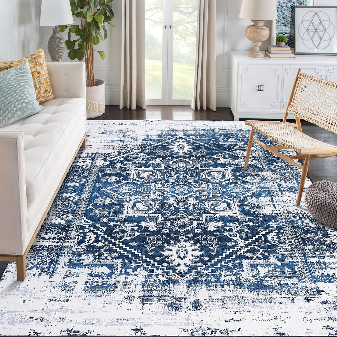 Tapis de collection Garvee, motif oriental vieilli, 160 x 230 cm, bleu, entretien facile, pour salon et chambre