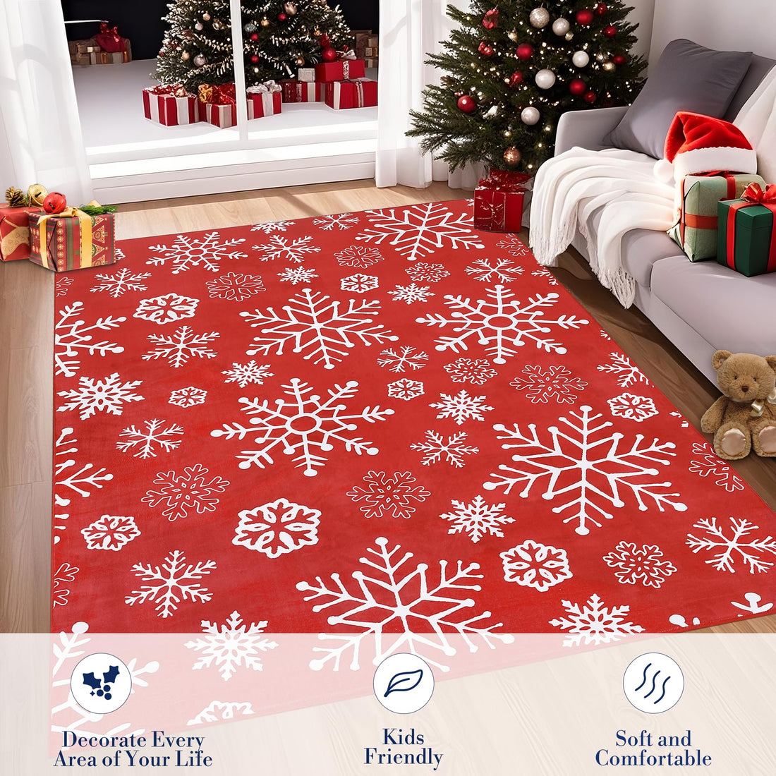Tapis d'intérieur Garvee pour Noël, motif flocons de neige, antidérapant, lavable, doux et anti-peluches, idéal pour la salle de bain et la cuisine. Décoration festive.