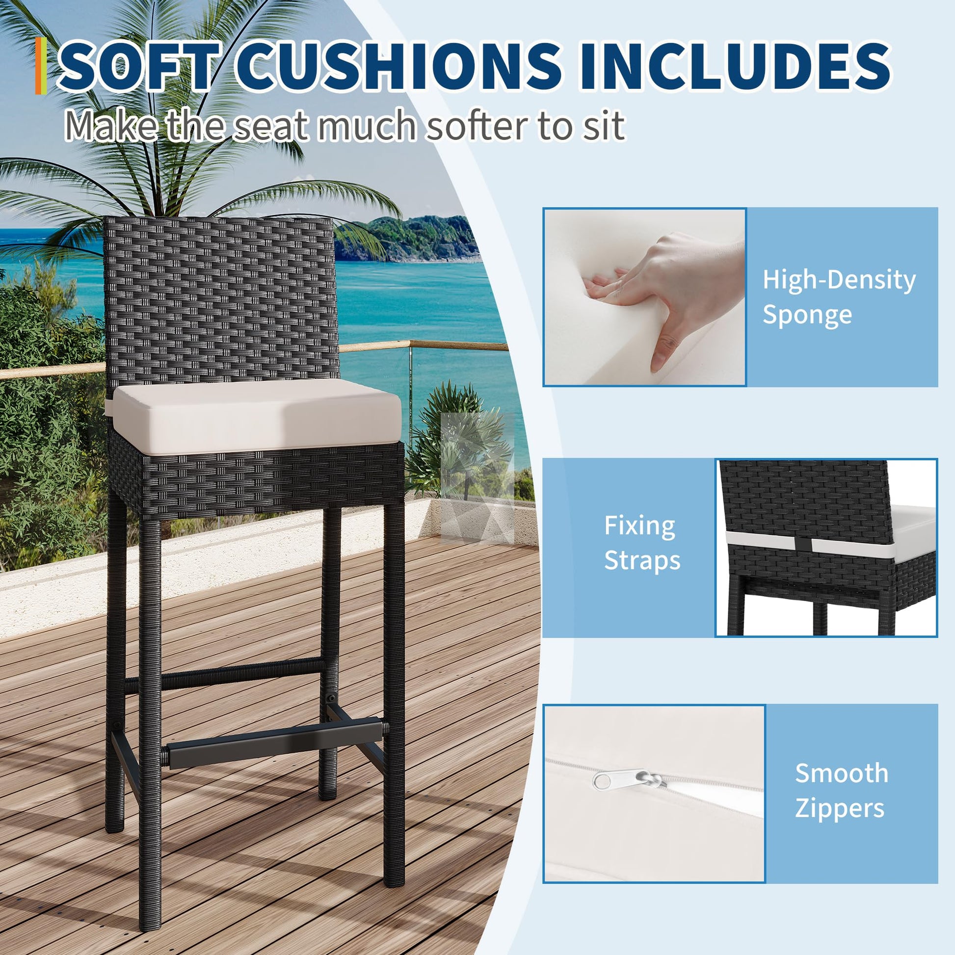 Ensemble de 2 tabourets de bar d'extérieur Garvee en résine tressée - Ergonomiques et résistants aux intempéries - Structure en rotin PE et acier - Hauteur d'assise : 71 cm - Pour jardin et terrasse - Noir