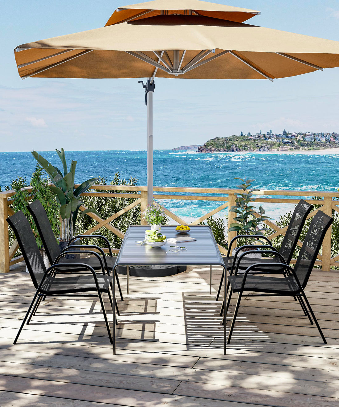 Ensemble de 4 chaises de jardin Garvee, empilables, légères, en tissu Teslin respirant, résistantes aux intempéries, noires, pour jardin et piscine, 61,5 cm (P) x 60 cm (L) x 96 cm (H)