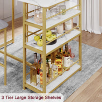Garvee Table de bar + 2 tabourets hauts rembourrés, 3 étagères, métal/marbre doré, velours gris, 91,4x50x91,4 cm. Idéal pour appartement ou cuisine.