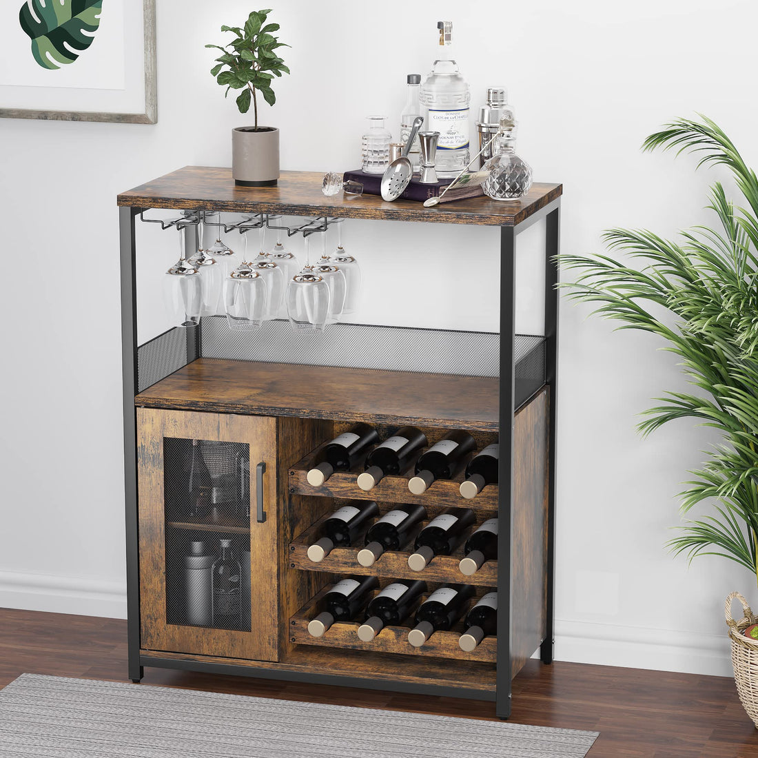 Garvee Meuble bar à vin à 3 niveaux avec casier à bouteilles amovible, porte-verres et porte grillagée pour cuisine et salon, 69 cm L x 35 cm P x 92 cm H