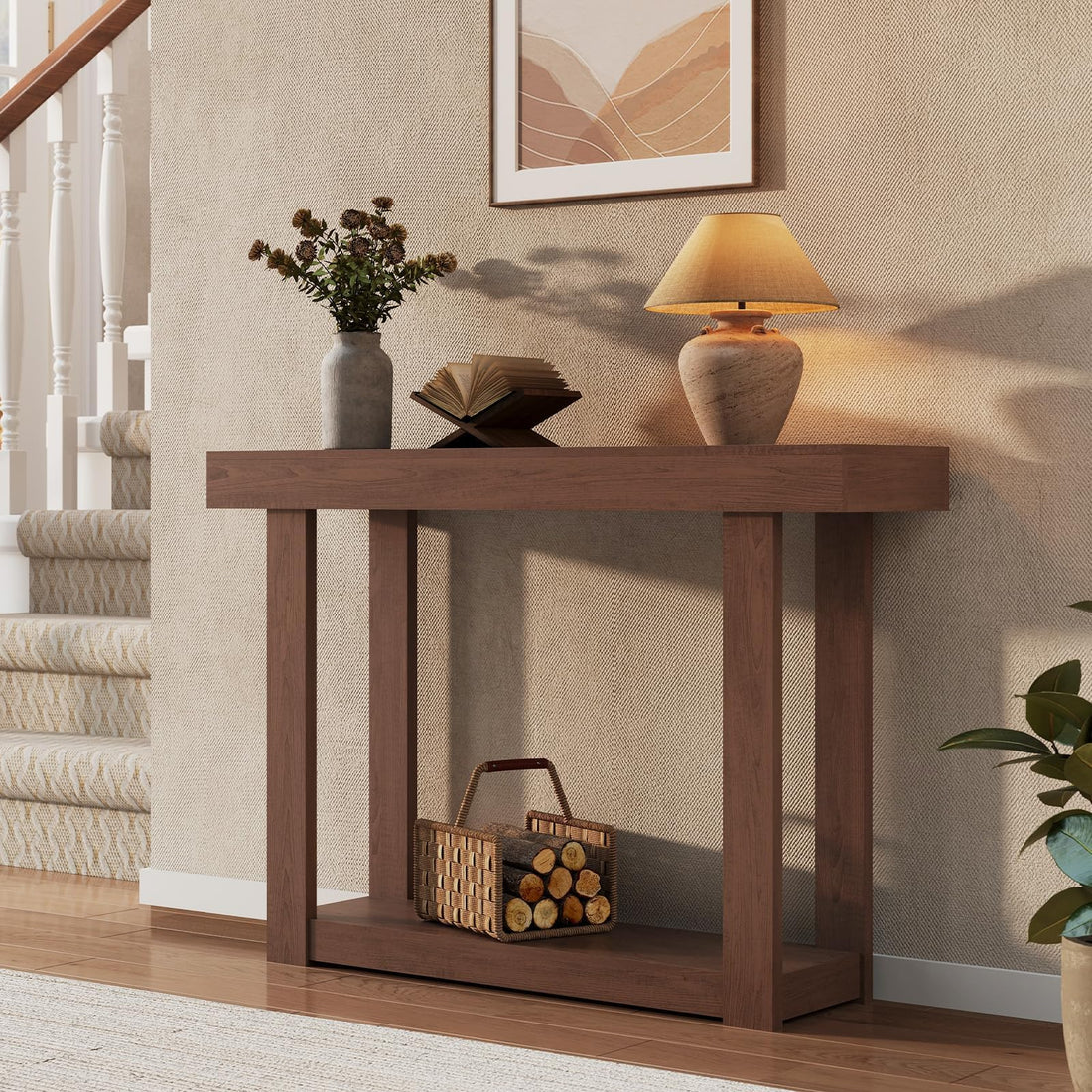 Console en bois Garvee 46 po, étroite, style campagnard, pour entrée et salon, finition blond naturel
