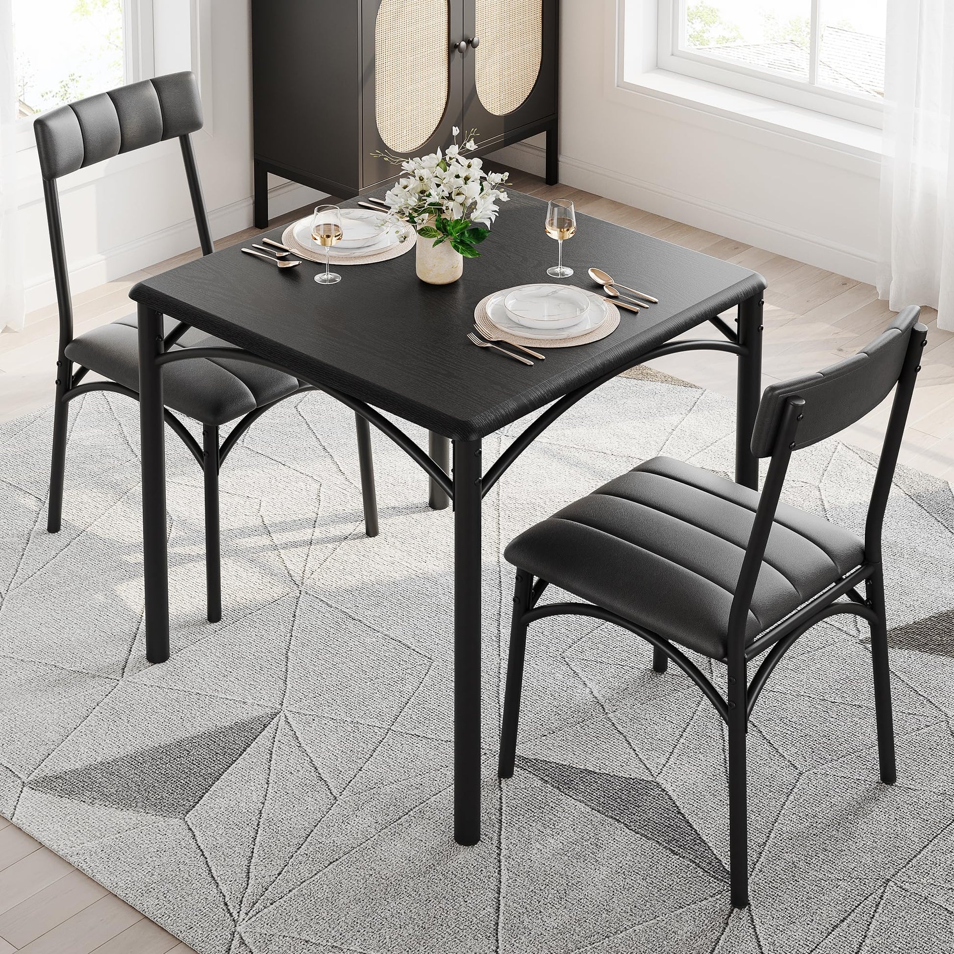 Ensemble de salle à manger Garvee pour 2 personnes avec chaises rembourrées, structure robuste en MDF et acier, noir rustique, gain de place, idéal pour les petites pièces