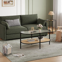 Table basse ovale à deux niveaux Garvee en rotin avec structure en métal et plateau en verre trempé, noire, pour salon et bureau