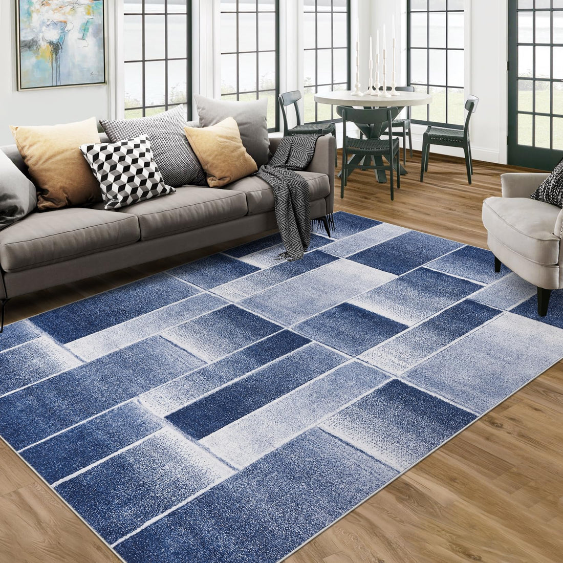 Tapis Garvee moderne à poils courts et coupe contour, motif géométrique pour salon et chambre, 200 x 290 cm, bleu