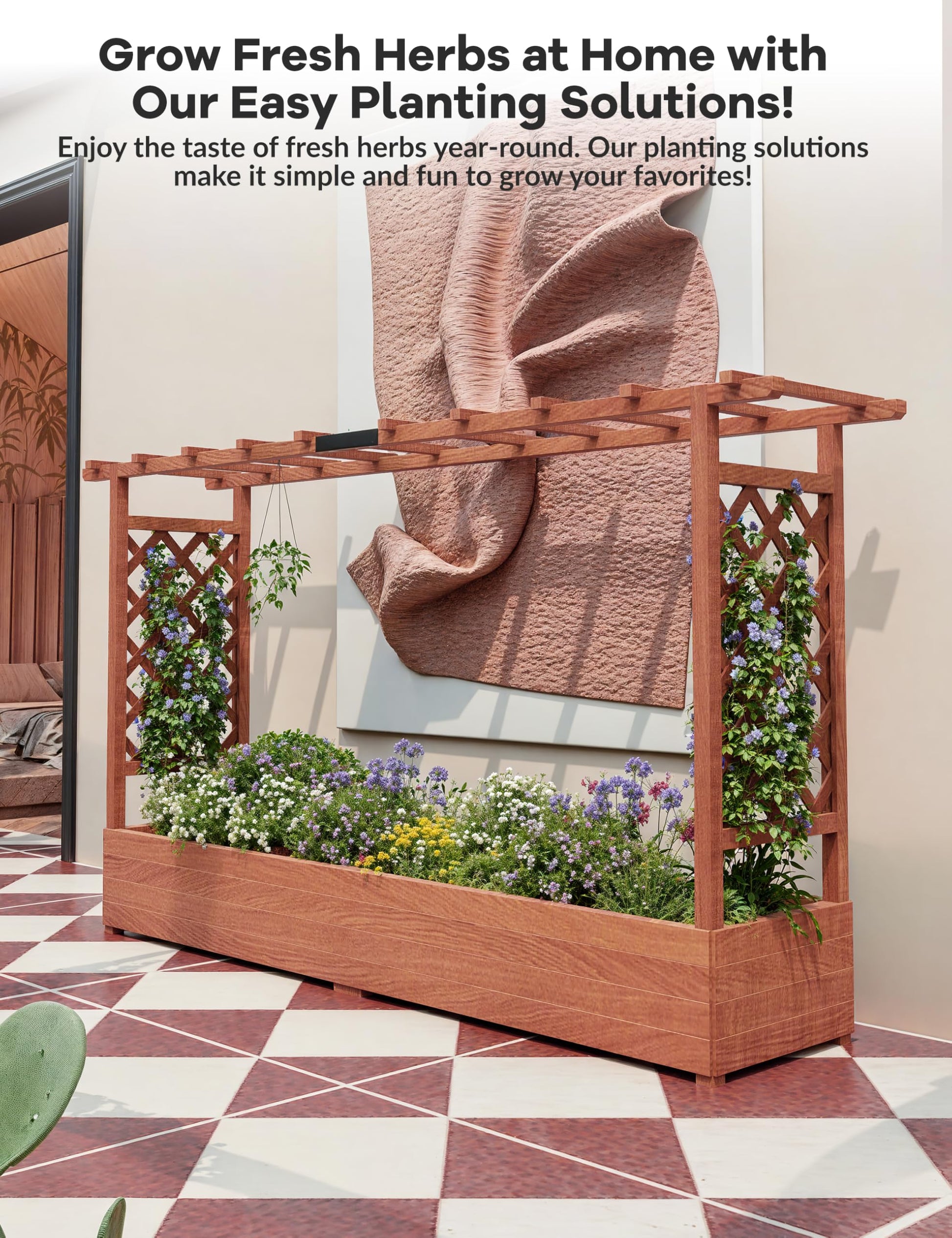 Jardinière surélevée Garvee avec treillis, bac à fleurs en bois de 114 cm (45 pouces), toit suspendu, résistante aux intempéries pour terrasse et balcon, coloris naturels