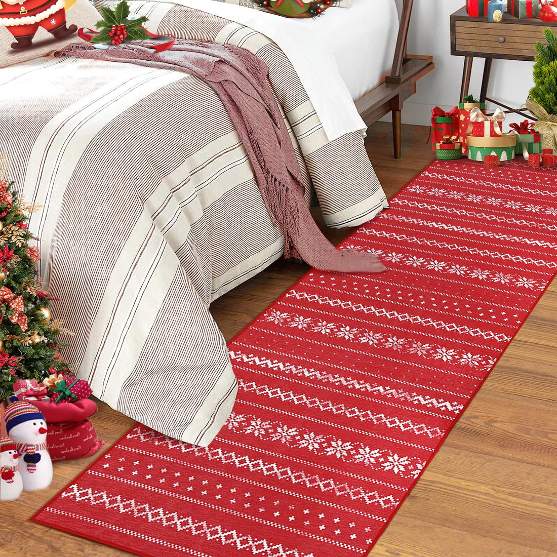 Garvee Jullöpare Matta For Hall - Décoration de Noël douce rouge, Maskintvättbar, Halkfri, 60x180 cm, Vita Blommönster, Köksmatta