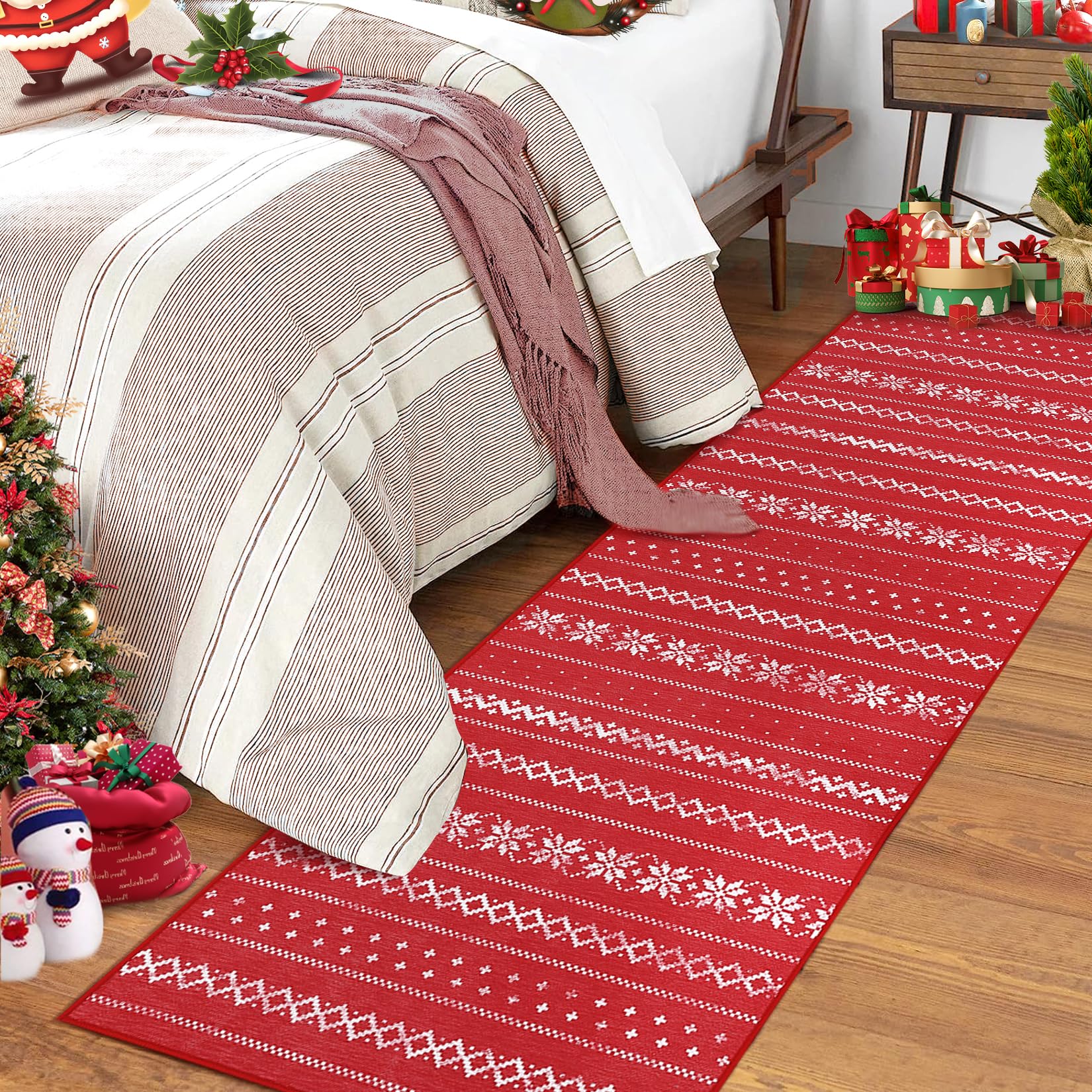 Garvee Jullöpare Matta For Hall - Décoration de Noël douce rouge, Maskintvättbar, Halkfri, 60x180 cm, Vita Blommönster, Köksmatta
