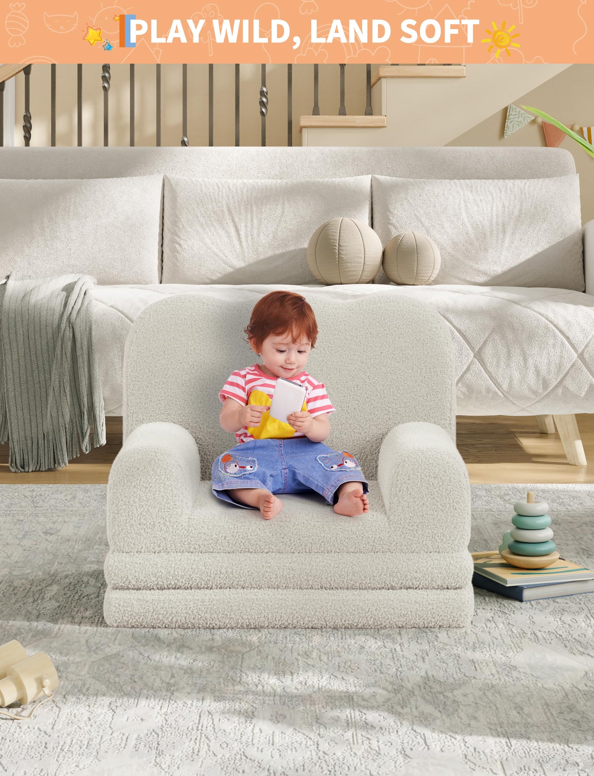 Canapé-lit convertible 2 en 1 Garvee pour enfants, avec mousse et revêtement Sherpa doux, blanc ondulé, idéal pour la salle de jeux