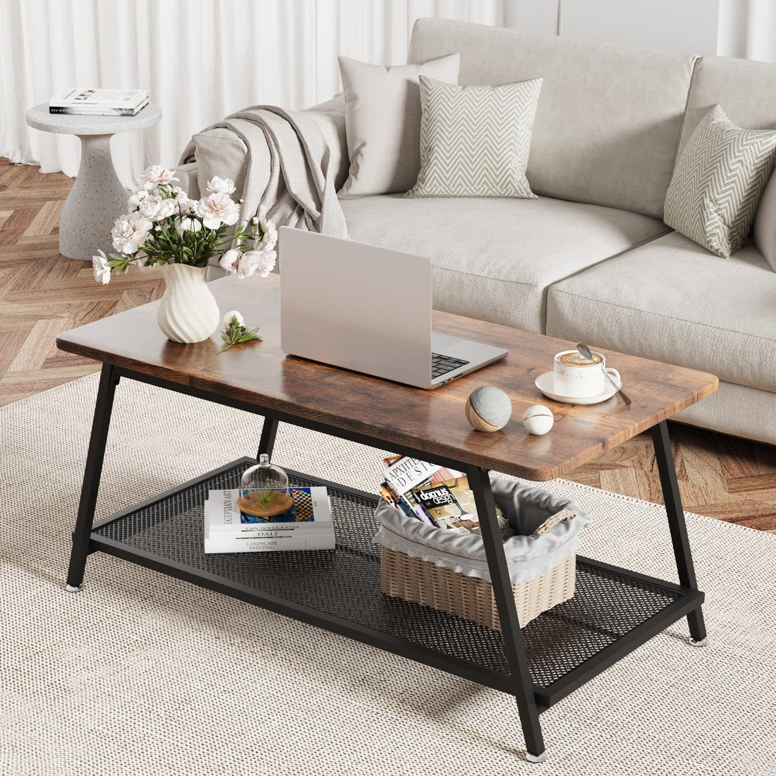 Table basse GARVEE en bois, table d'appoint pour salon, table basse avec rangement, table moderne avec structure en acier et étagère, 100 x 50 x 46 cm