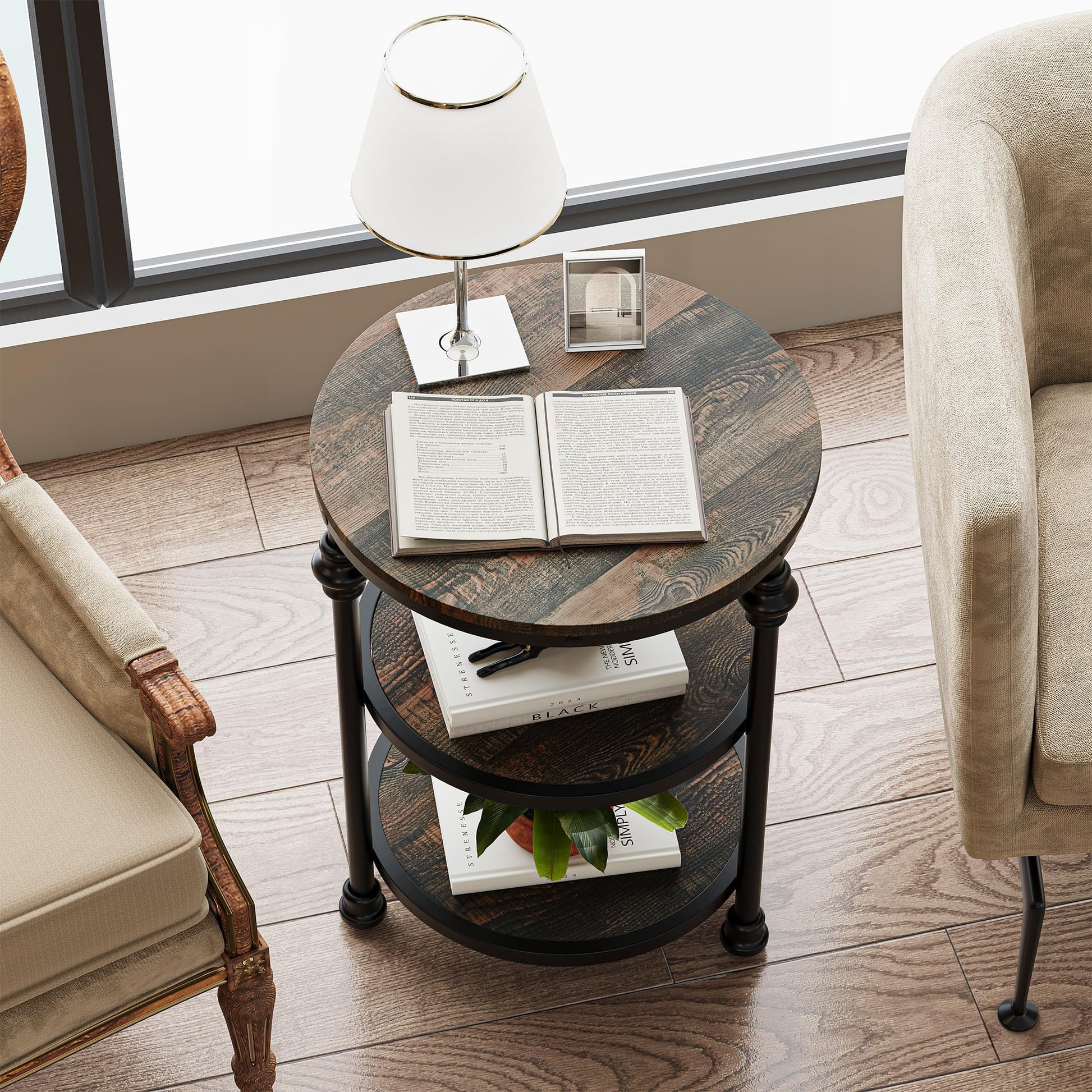 Garvee table d'appoint ronde à 3 étagères, structure en acier, chêne foncé, idéale pour le salon et la chambre, 46 × 46 × 60 cm, résistante et anti-rayures