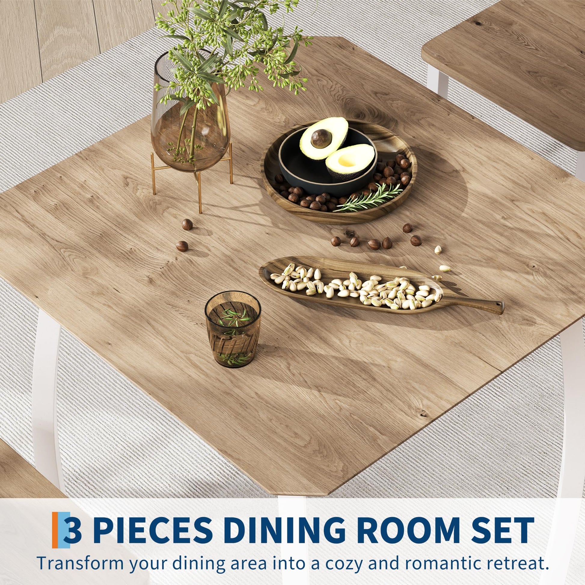 Ensemble de salle à manger Garvee pour 2 personnes avec table carrée et pieds en forme de O, structure en métal et chaise rembourrée, blanc et naturel, idéal pour les petites pièces et les appartements.