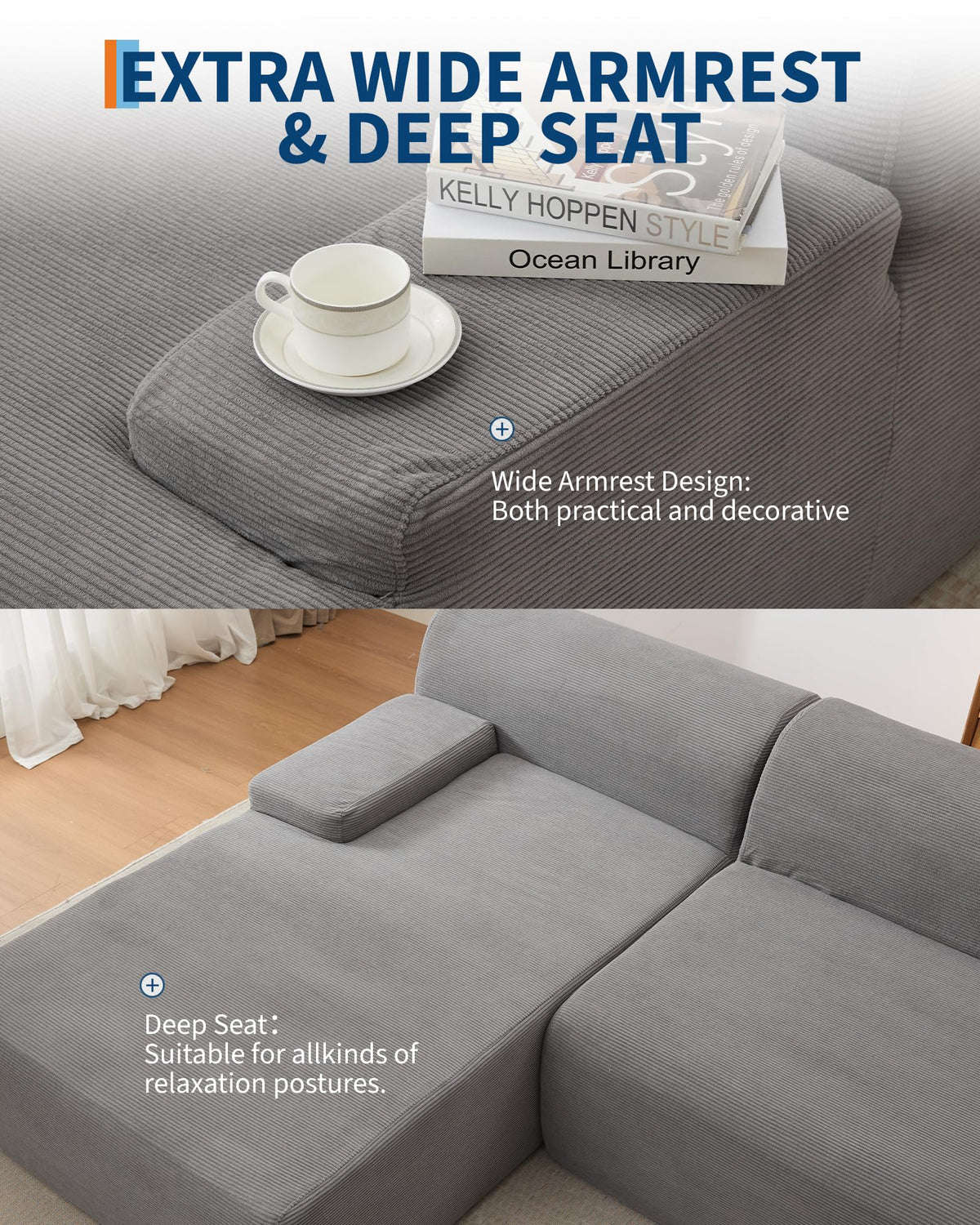 Canapé d'angle Garvee Cloud 108" avec méridienne, canapé ultra-doux sans ossature, tissu velours côtelé, forme en L, super moelleux, salon
