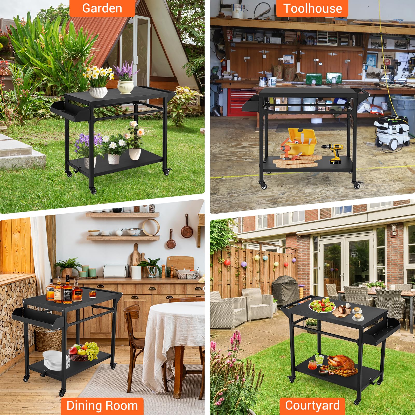 Chariot de barbecue d'extérieur Garvee avec support pour four à pizza, 4 roues et verrou, acier thermolaqué, grand espace de rangement, porte-bouteille de gaz pour le jardin et le camping, 105 x 50 x 81 cm, noir