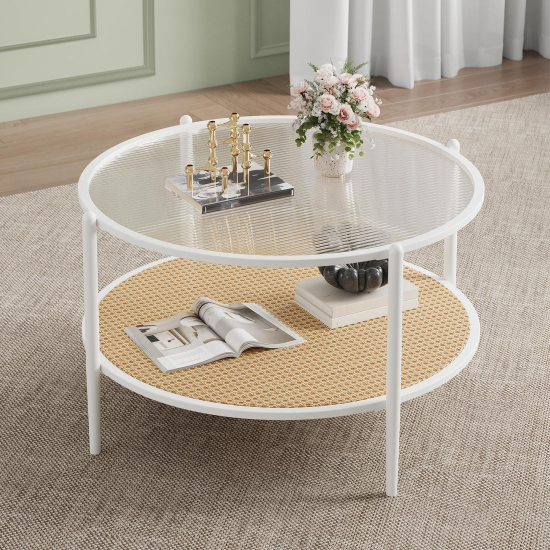 Table basse Garvee en rotin de 76 cm (30 po) avec structure en métal et plateau en verre résistant à la chaleur, idéale pour le salon et le bureau, blanche, 76 cm (30 po)