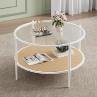 Table basse Garvee en rotin de 76 cm (30 po) avec structure en métal et plateau en verre résistant à la chaleur, idéale pour le salon et le bureau, blanche, 76 cm (30 po)
