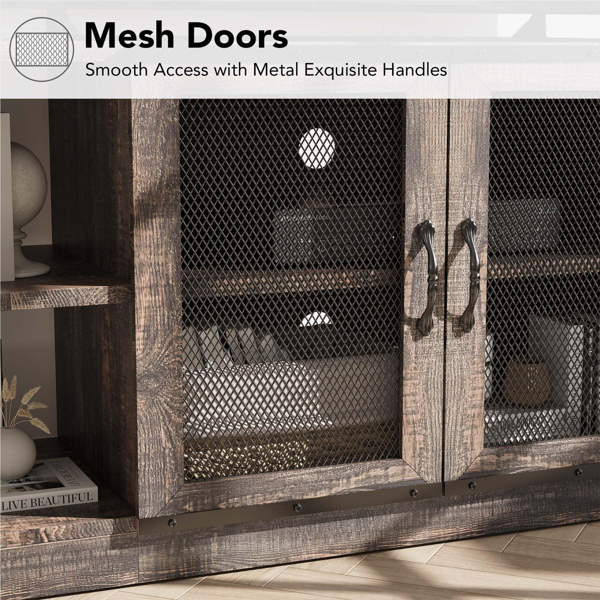 Garvee Meuble TV style ferme pour téléviseurs 65/191 cm avec portes en maille, console multimédia de style industriel, meuble de salon, bois durable