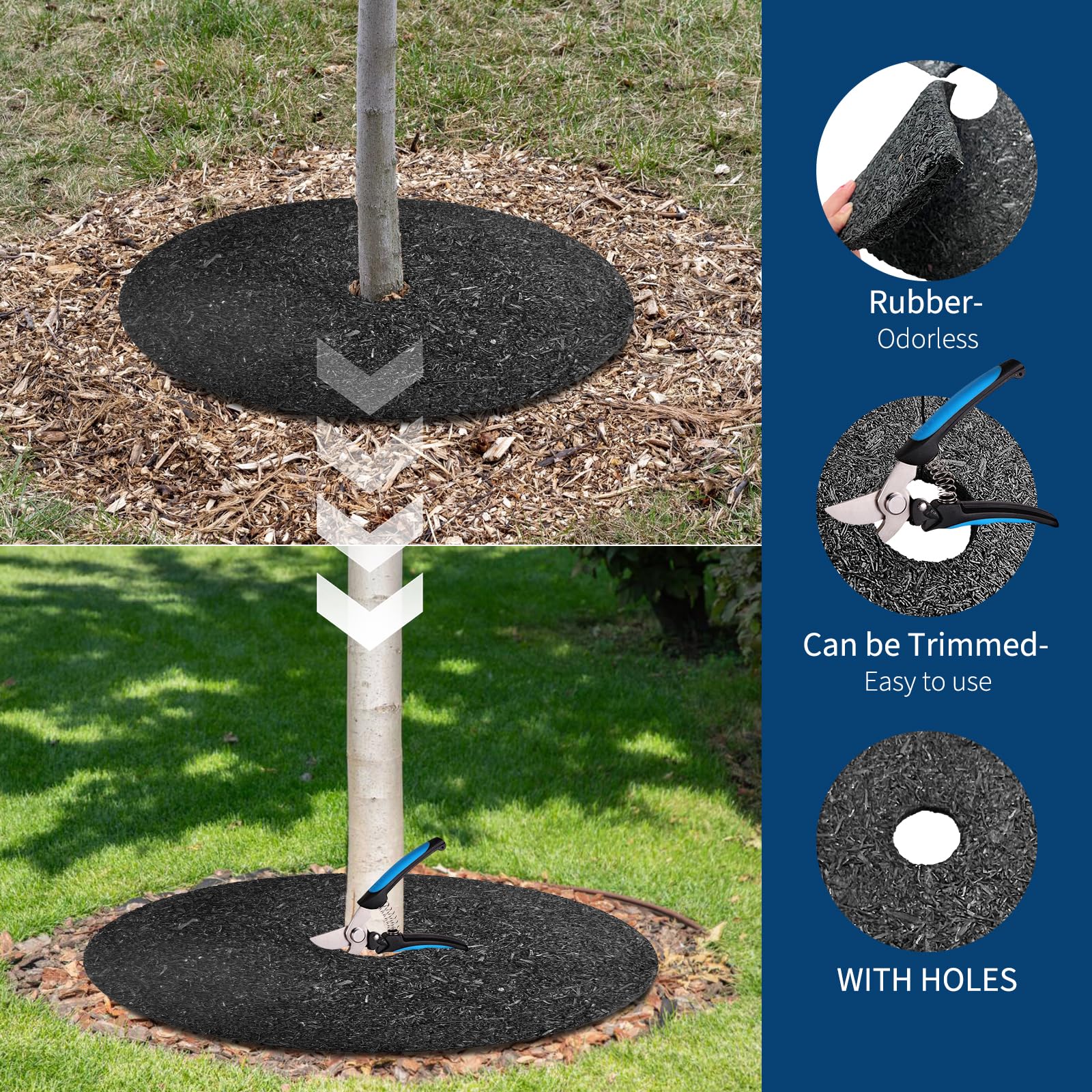 Ensemble de 6 anneaux de paillis pour arbres Garvee, 50 cm (20 pouces), en caoutchouc robuste, réutilisables, ronds, barrière anti-mauvaises herbes, protection des racines, aménagement paysager de jardin