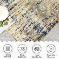Tapis Garvee anti-taches lavable en machine bleu/camel 200x290 cm pour salon, chambre, couloir
