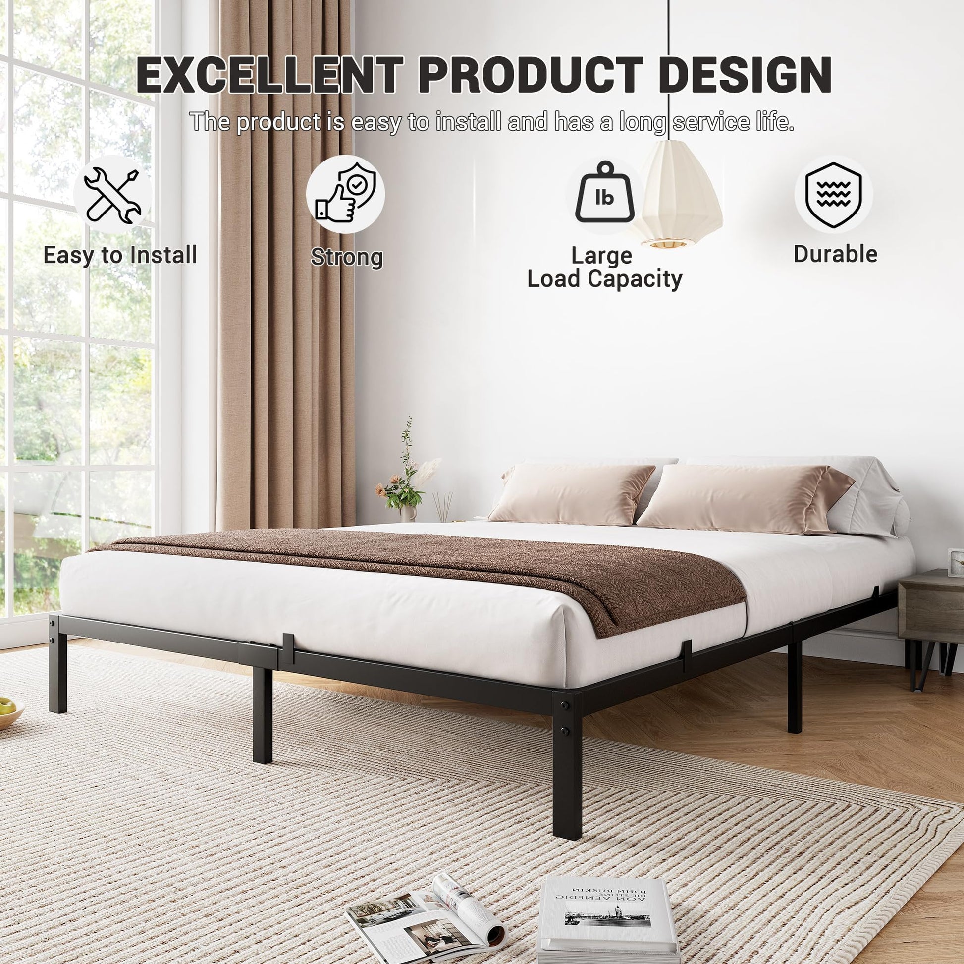 Cadre de lit Garvee Queen en métal de 35,5 cm (14 pouces) avec lattes métalliques robustes pour chambre à coucher, hauteur de 35,5 cm (14 pouces), noir, silencieux, sans sommier requis
