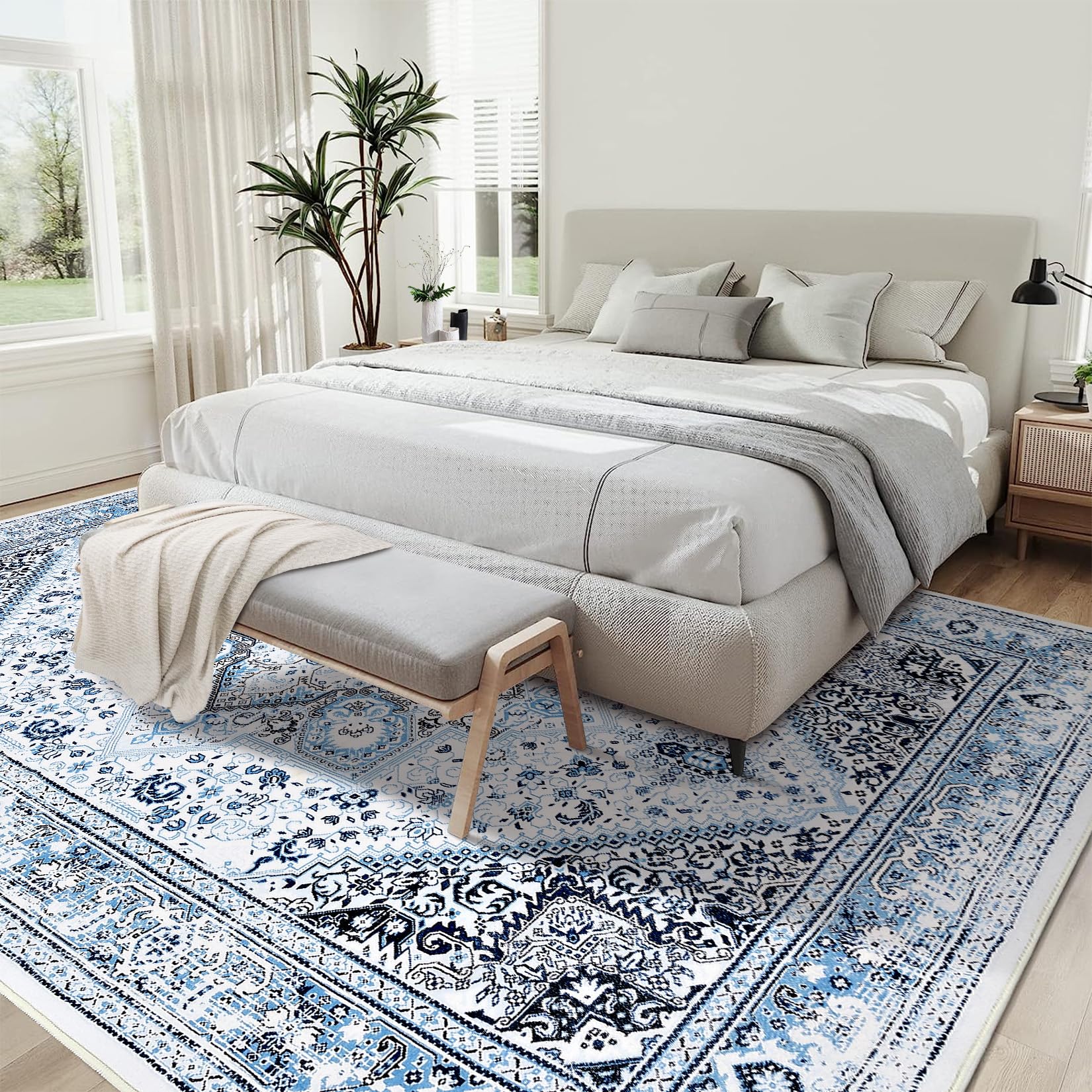 Tapis tribal Garvee bleu 200x290cm lavable, antidérapant, doux, imprimé pour l'intérieur, bureau ou chambre