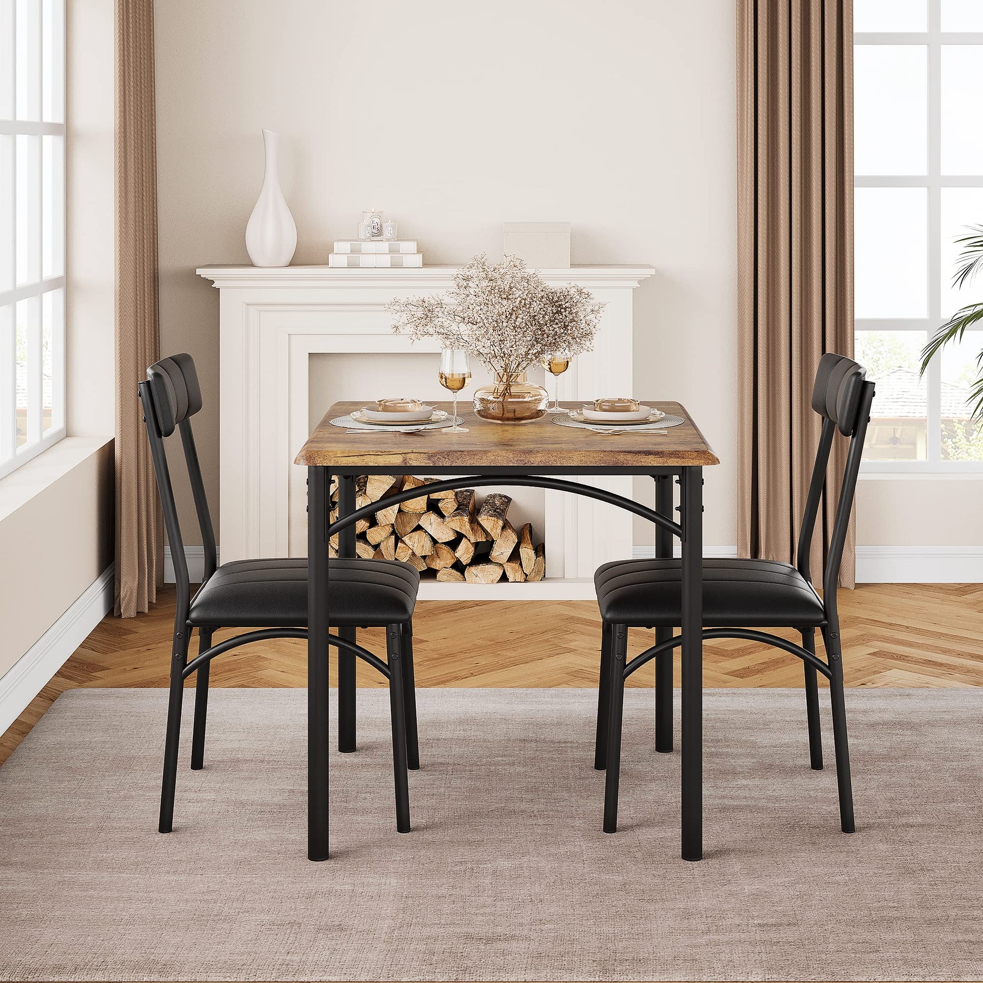 Ensemble de salle à manger Garvee pour 2 personnes, table de cuisine carrée marron rustique avec chaises rembourrées, structure robuste en MDF et acier, gain de place