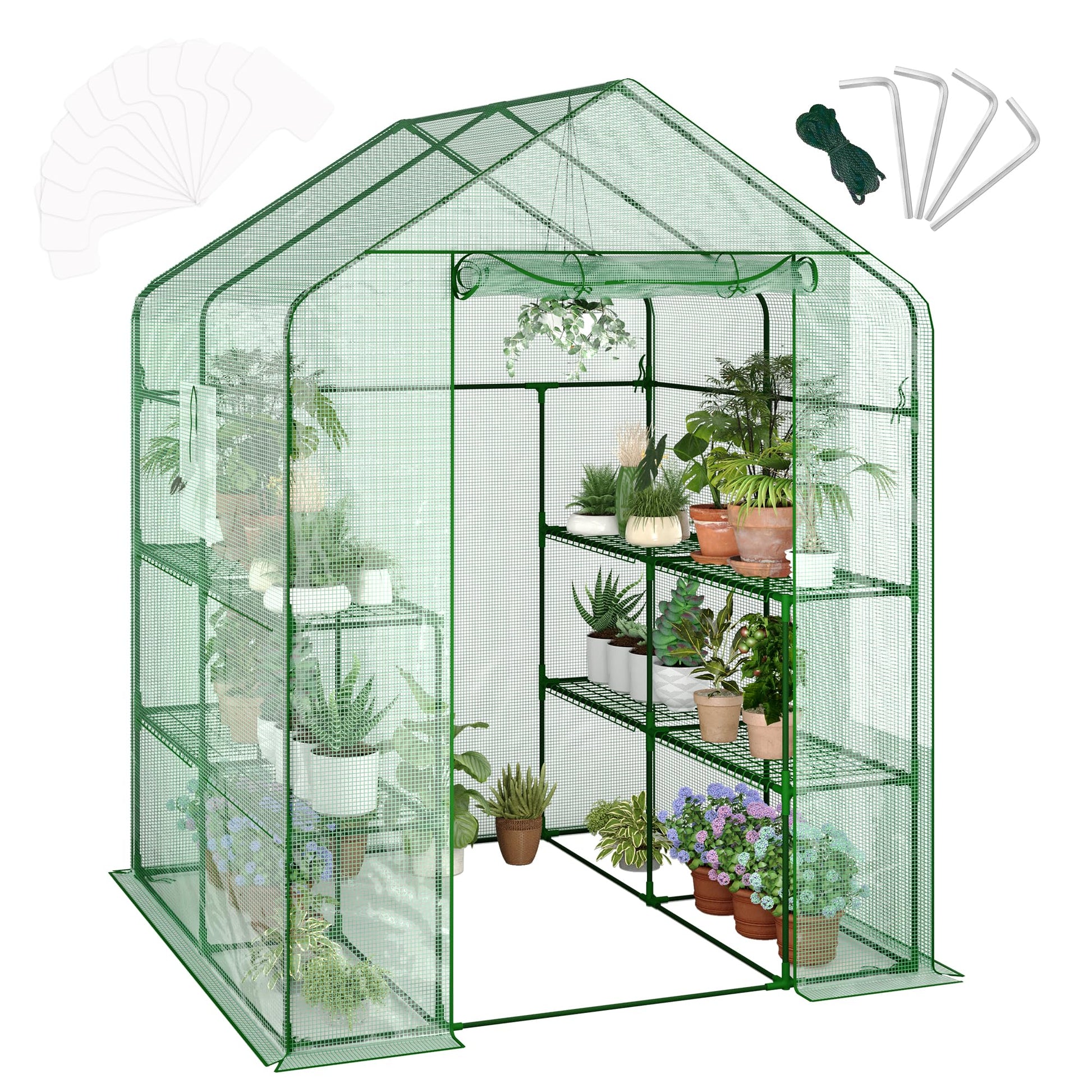 Serre Garvee 57 x 57 x 76 pouces (145 x 145 x 193 cm) à 3 niveaux et 12 étagères, bâche épaisse en PE, fenêtre, portable pour l'intérieur et le jardin.