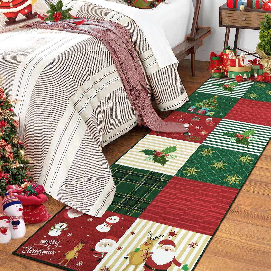 Tapis lavable en machine Garvee, motif sapin de Noël et flocons de neige, pour chambre et salon, 120 x 170 cm, rouge/vert
