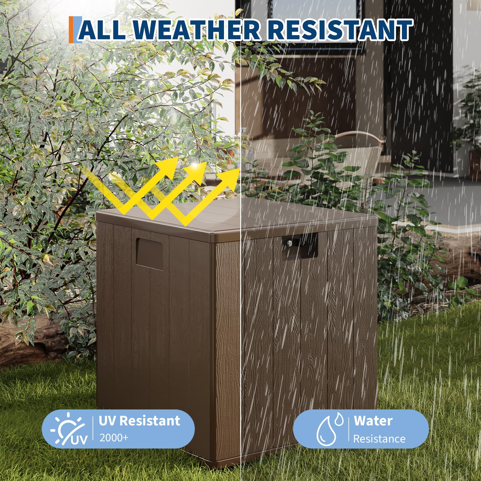 Coffre de jardin Garvee 28 gallons en résine - Résistant aux intempéries et aux UV - Verrouillable et portable - Marron - Pour jardin et terrasse
