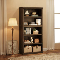 Garvee bibliothèque large 80 × 32 × 171 cm, 4 niveaux ouverts, finition marron et ancrages muraux