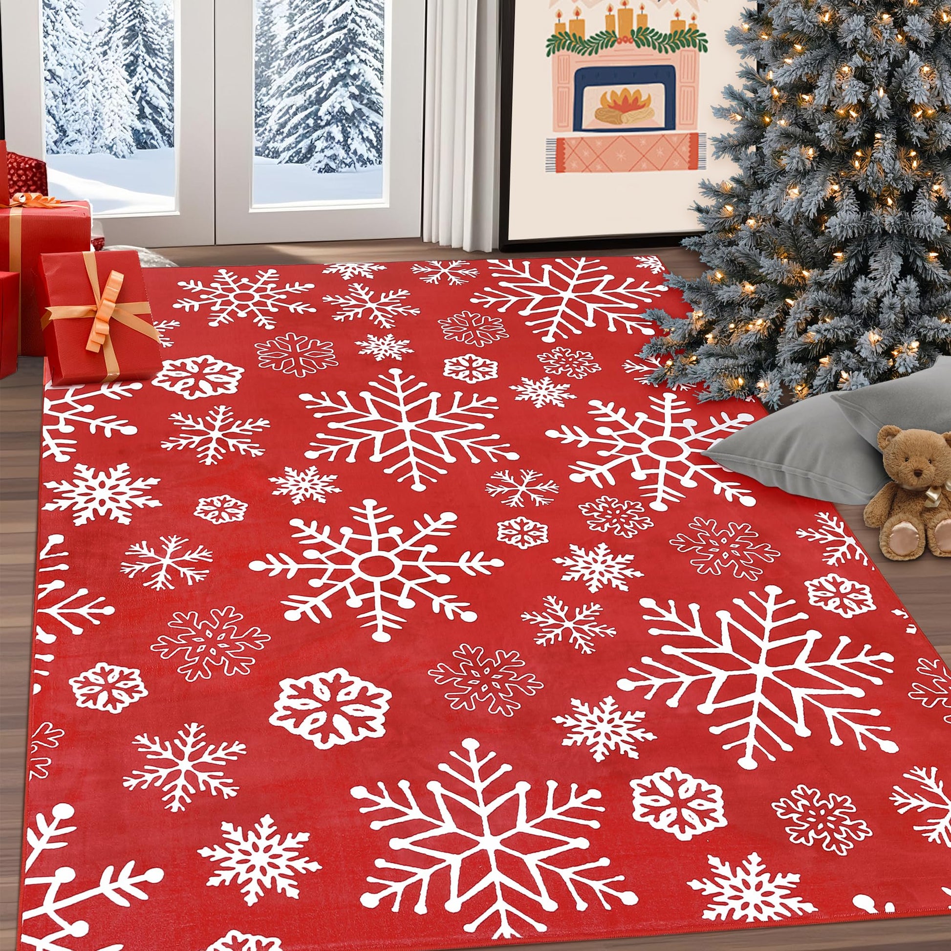 Tapis d'intérieur Garvee pour Noël, motif flocons de neige, antidérapant, lavable, doux et anti-peluches, idéal pour la salle de bain et la cuisine. Décoration festive.