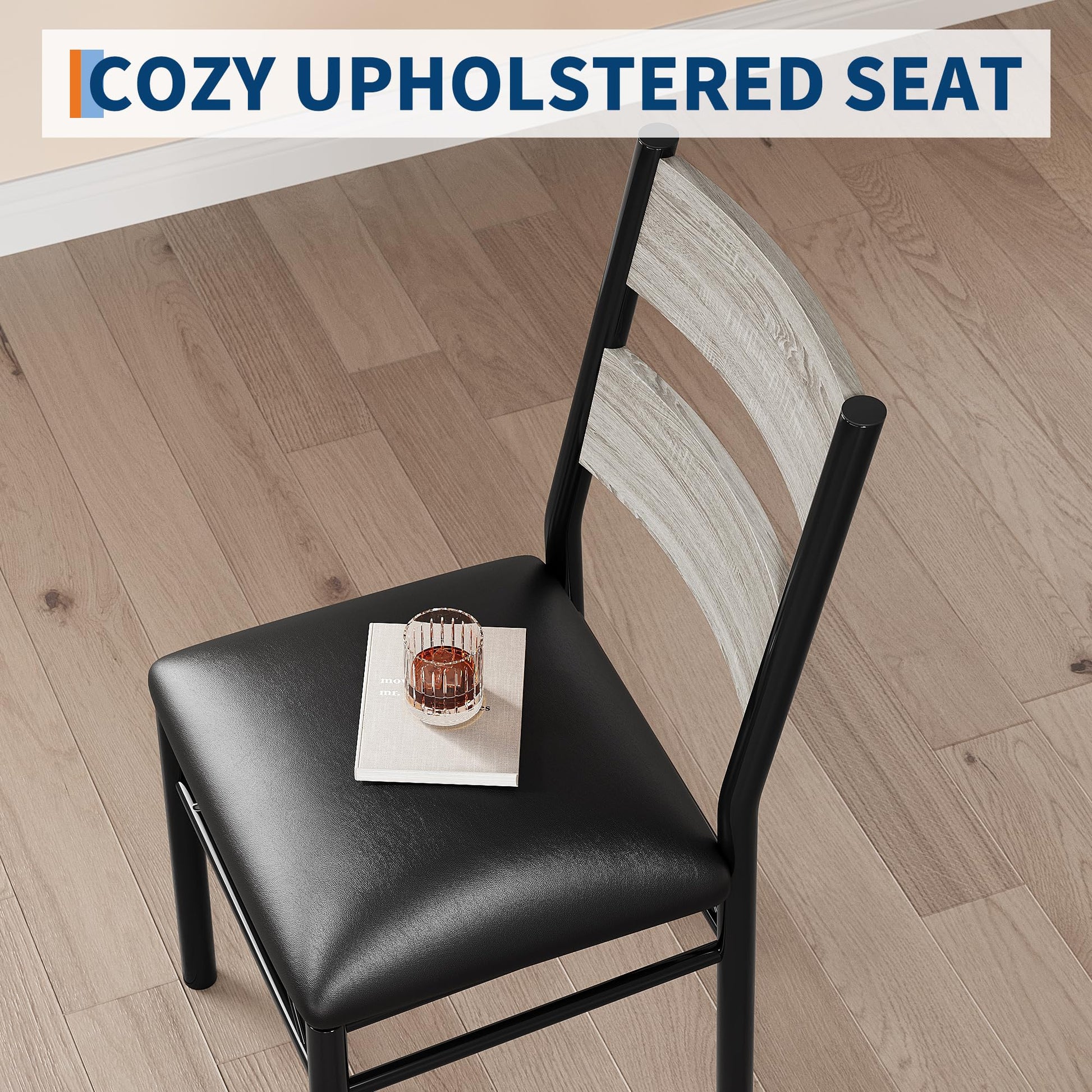 Ensemble table et chaises Garvee pour 2 personnes avec chaises rembourrées, protections d'angle, ergonomique, en MDF, structure en acier, gris rétro, compact pour cuisine et appartement