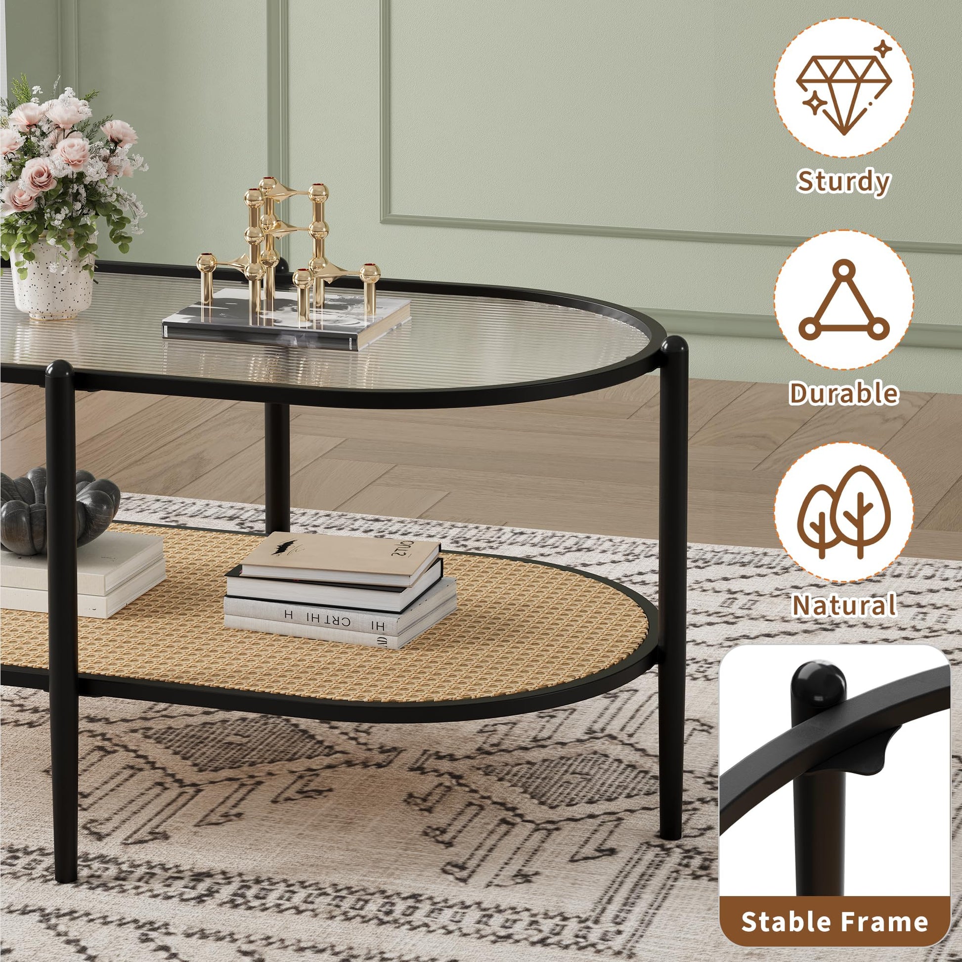 Table basse ovale à deux niveaux Garvee en rotin avec structure en métal et plateau en verre trempé, noire, pour salon et bureau