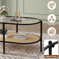 Table basse ovale à deux niveaux Garvee en rotin avec structure en métal et plateau en verre trempé, noire, pour salon et bureau