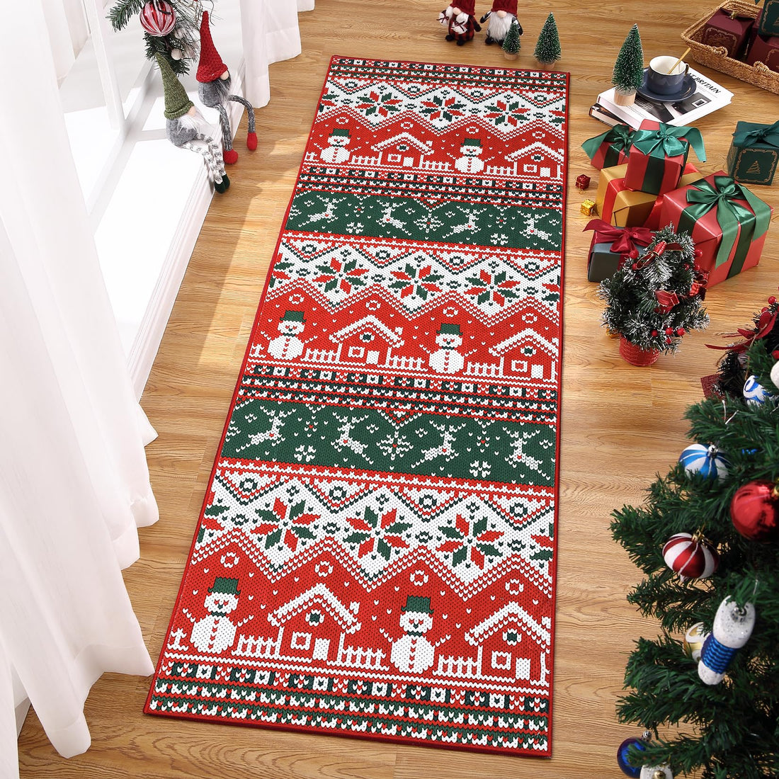 Tapis de couloir de Noël Garvee, motif bonhomme de neige rouge, doux et antidérapant, en polyester, 60 x 180 cm, pour salon et chambre.