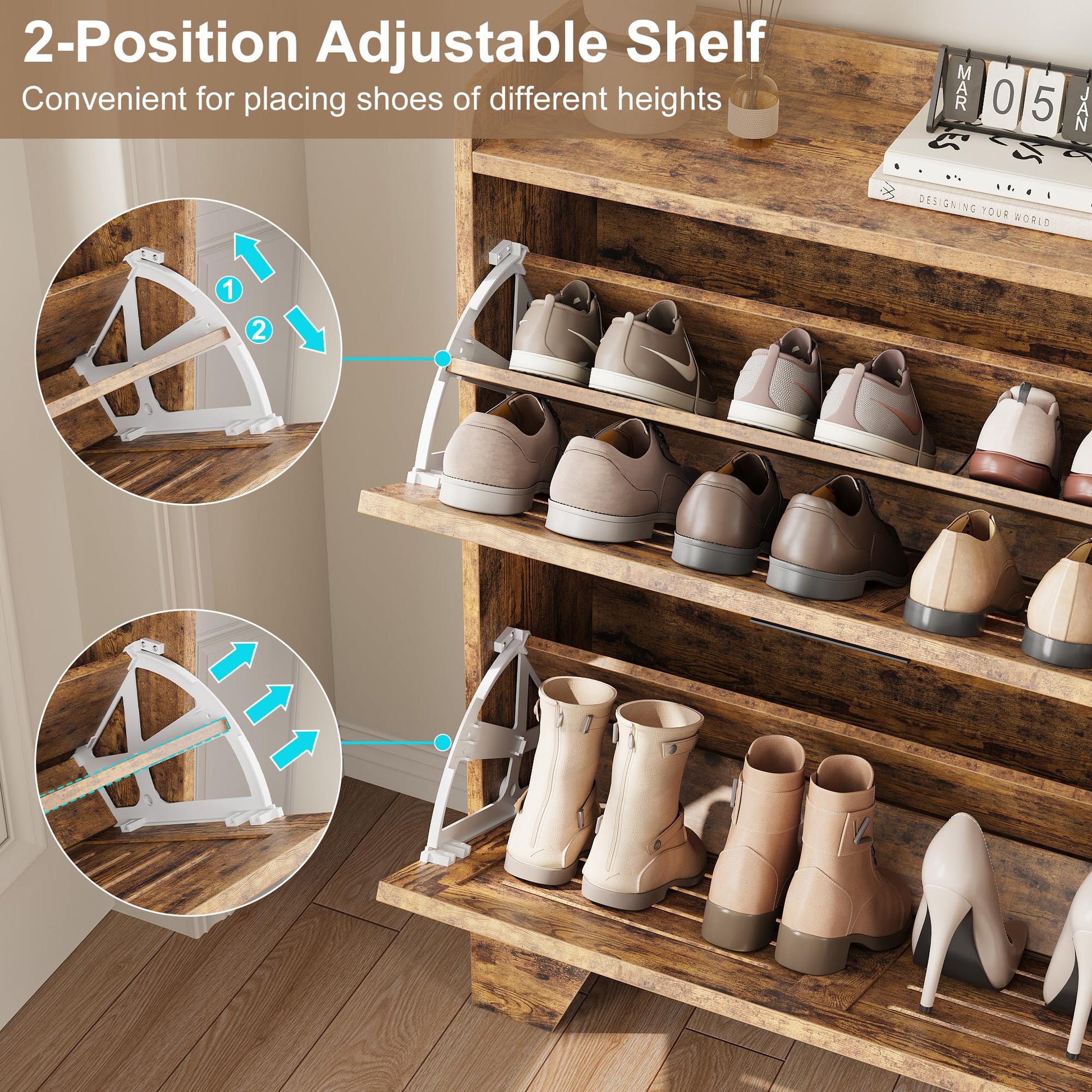 Meuble à chaussures Garvee pour entrée avec 2 tiroirs abattants, organisateur de chaussures étroit en bois P2, ventilé, résistant aux rayures, avec crochets pour entrée et garage, 35 cm, couleur bois