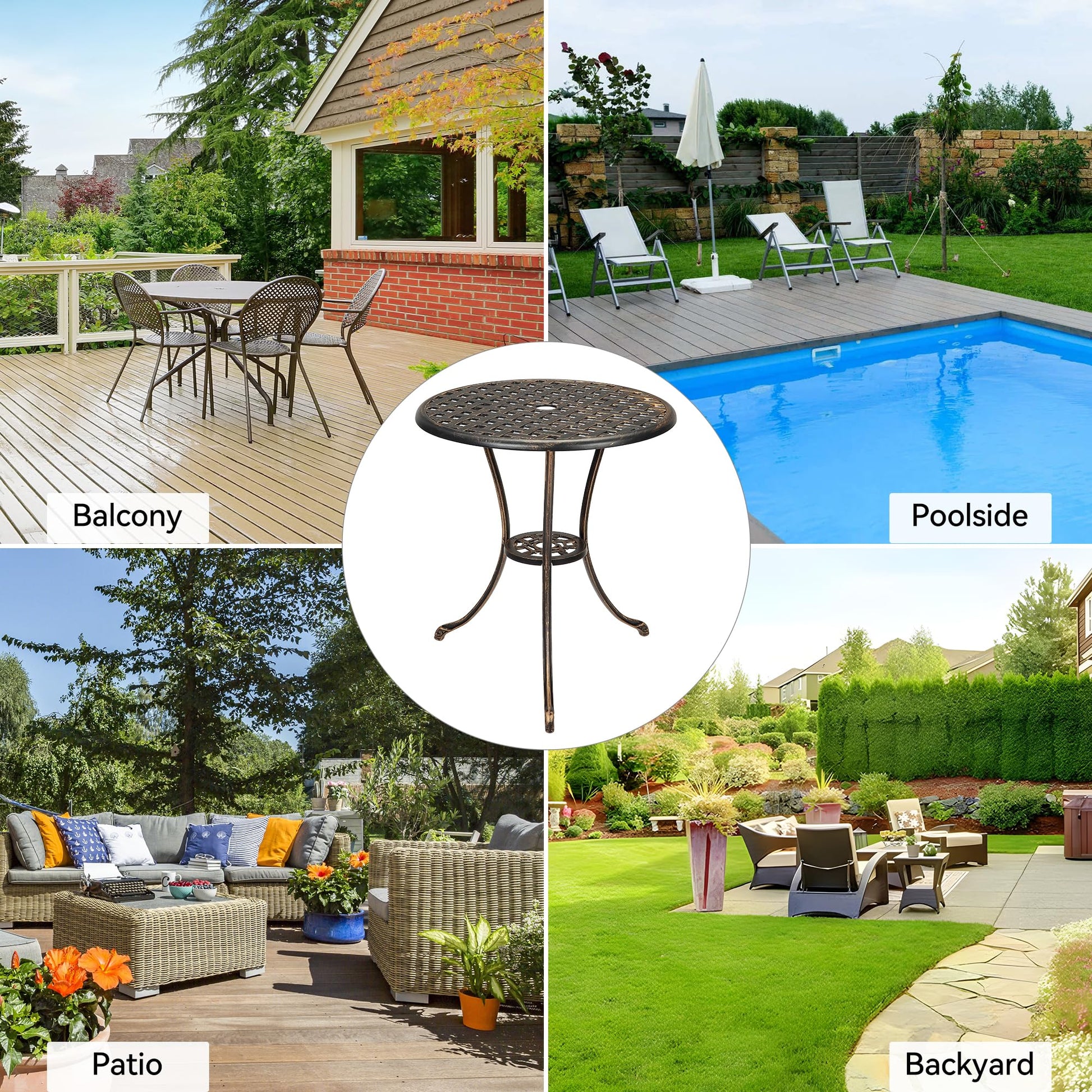 Table bistro Garvee 24" en aluminium avec trou pour parasol, antirouille, bronze vieilli, idéale pour le jardin et le balcon, robuste et légère.