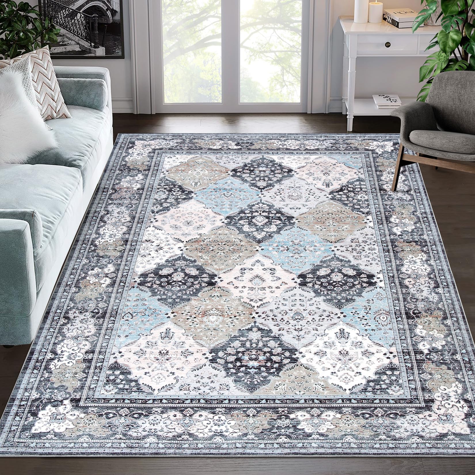 Tapis Garvee Boho, lavables et antidérapants, pour salon, salle à manger, chambre, cuisine, bleu, 120 x 170 cm
