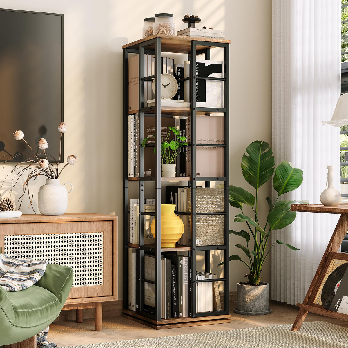 Garvee étagère d'angle pivotante à 4 niveaux, rotation à 360°, bois et métal, idéale pour le salon ou le bureau, 137 cm (137 cm), brun