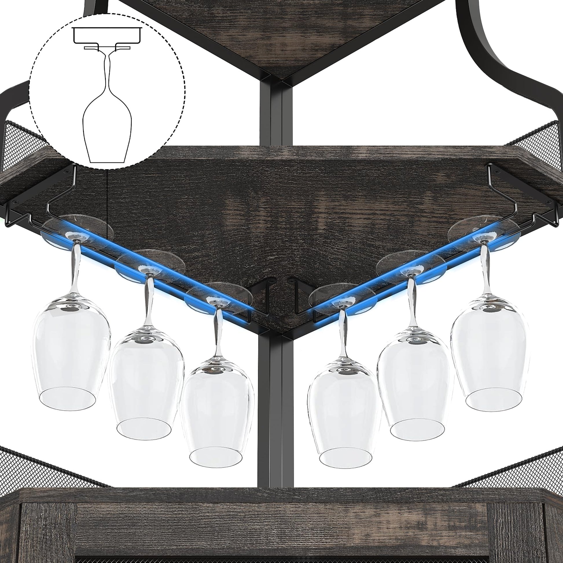 Garvee Meuble bar d'angle, 5 niveaux avec casier à vin, porte-verres, porte coulissante de style grange, idéal pour le salon et la cuisine, 47 × 45 × 154 cm, gris, gain de place, robuste