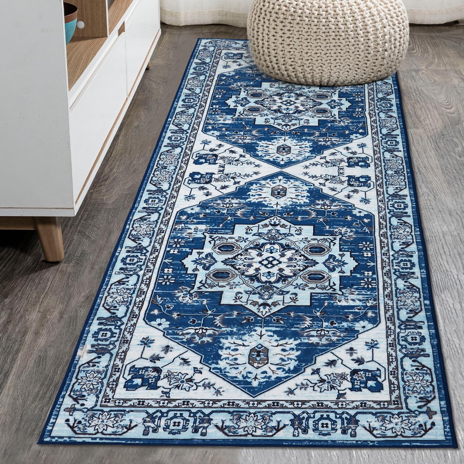 Tapis de couloir oriental vintage Garvee, antidérapant, lavable, polyester, 60 x 230 cm, bleu marine, pour couloir, salon, cuisine