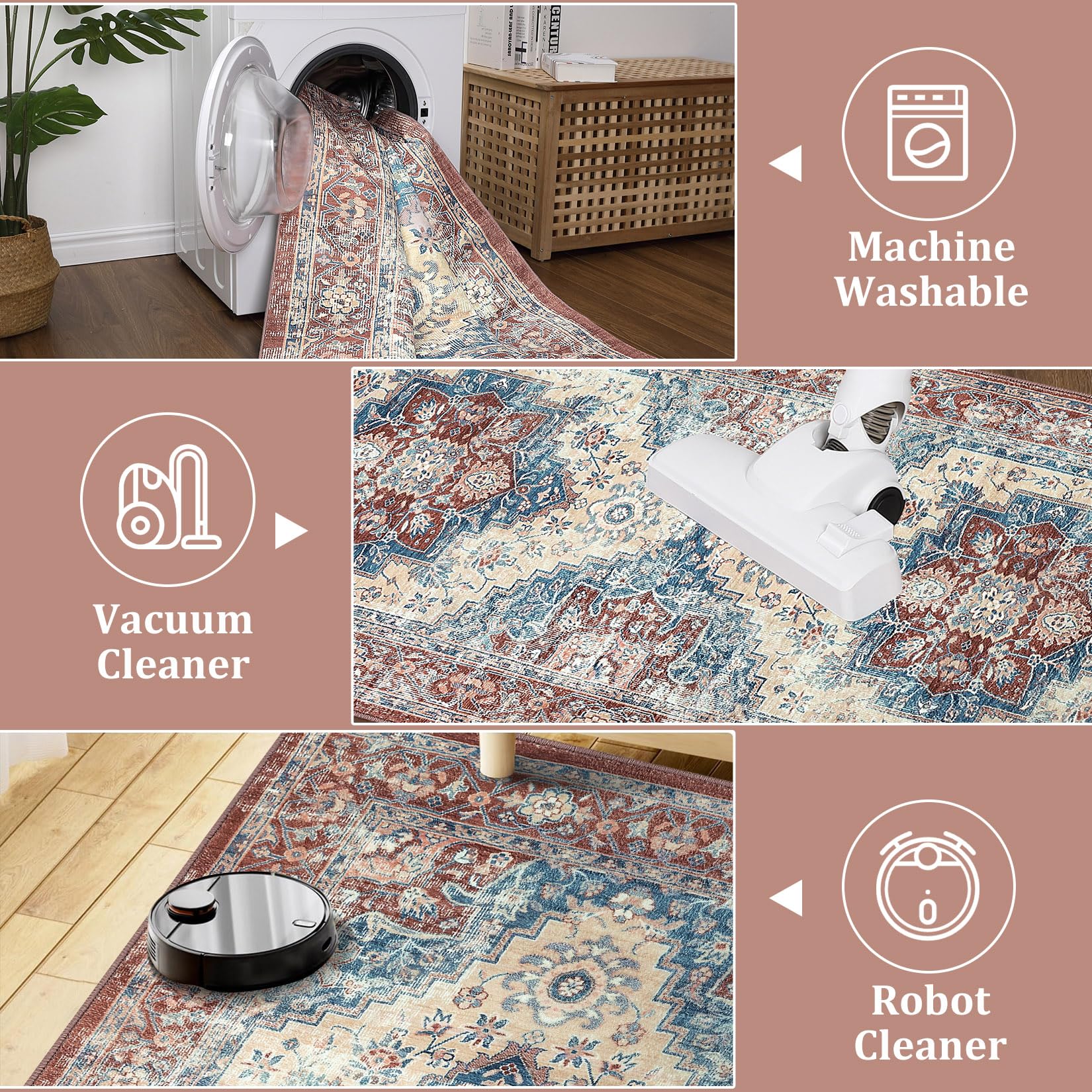Tapis Garvee traditionnel vintage, motif oriental, antidérapant, lavable, 160 x 230 cm, couleur rouille, pour salon et salle à manger