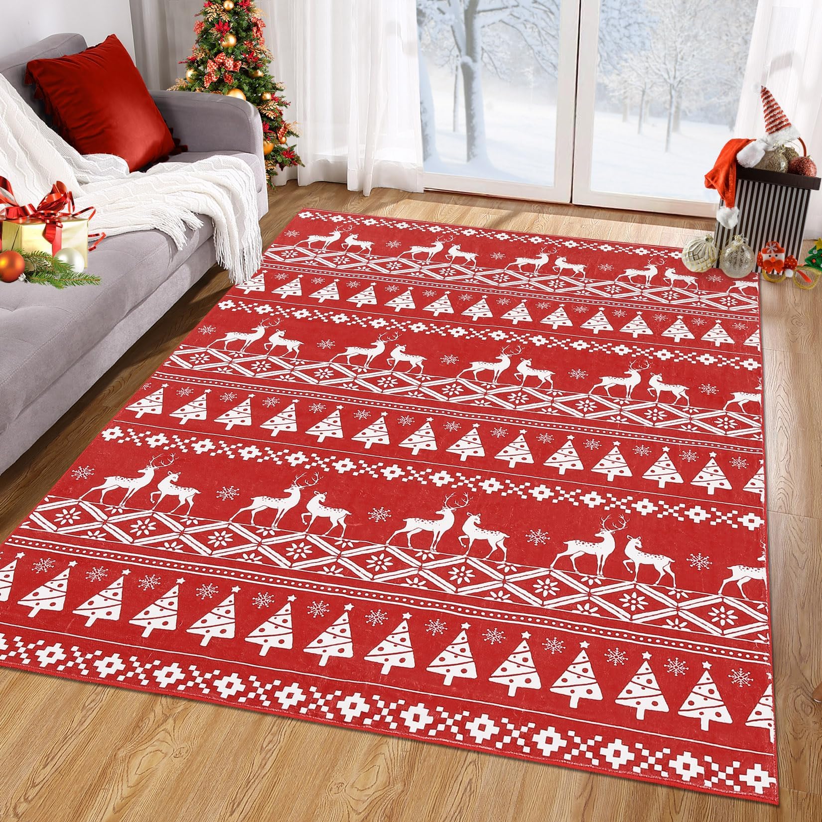 Tapis festif Garvee, motif bohème de Noël avec rennes, flocons de neige et sapin de Noël, pour salon, chambre, cuisine, salle de bain, rouge, ultra-fin, à poils courts