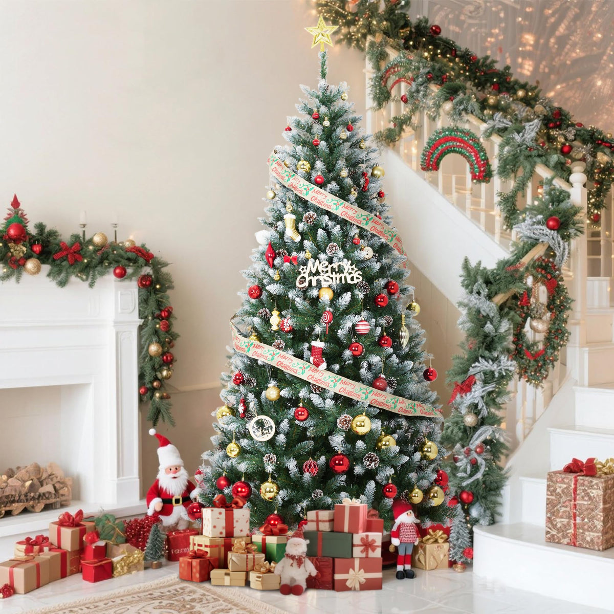 Garvee sapin de Noël de 275 cm avec 300 LED et pommes de pin décoratives pour grandes pièces, décoration festive