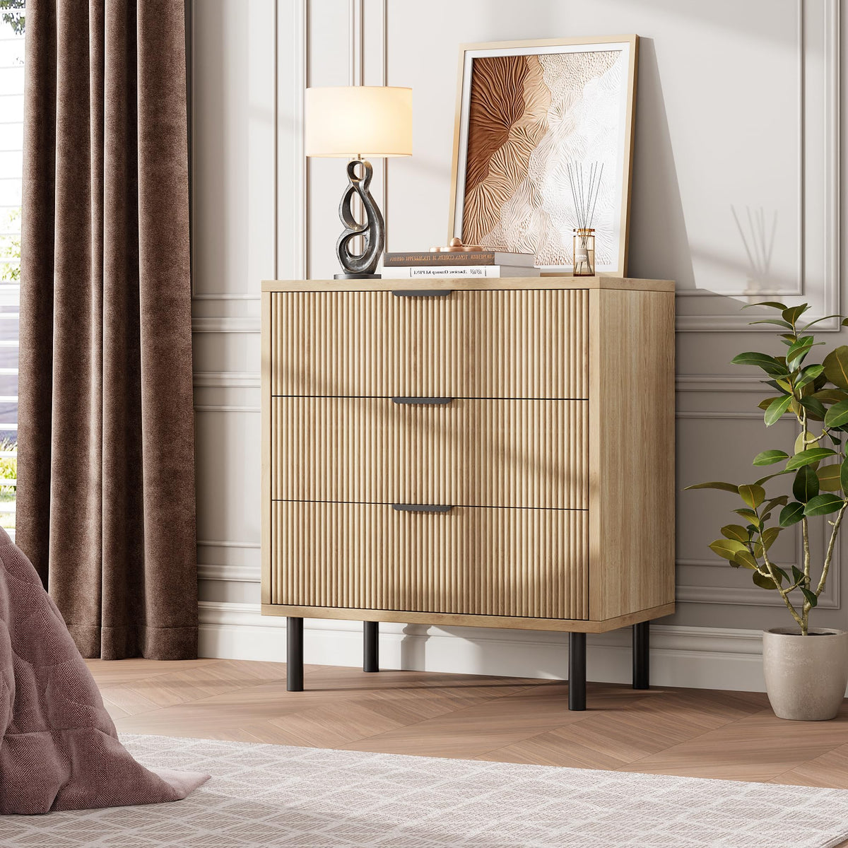 Garvee commode en chêne, 3 tiroirs, design cannelé, pieds en métal, protection anti-basculement, pour la chambre et le salon, noir